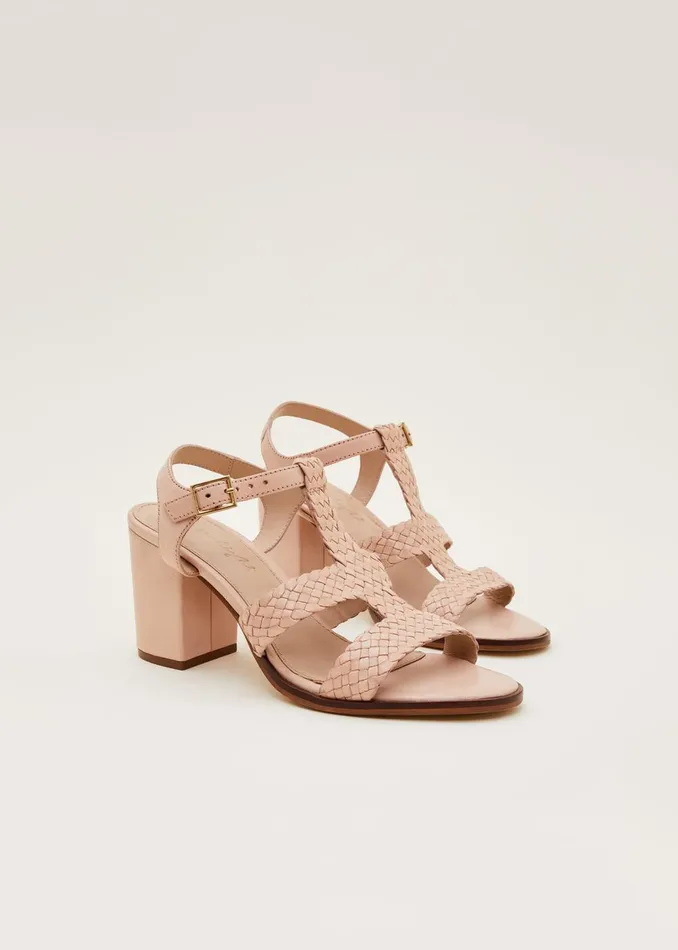 Women Phase Eight Heels Plaited T Bar Heeled Sandal Shoe Tan
