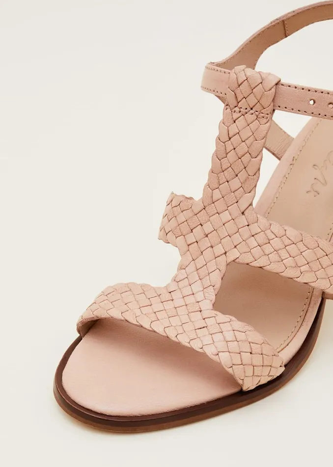 Women Phase Eight Heels Plaited T Bar Heeled Sandal Shoe Tan