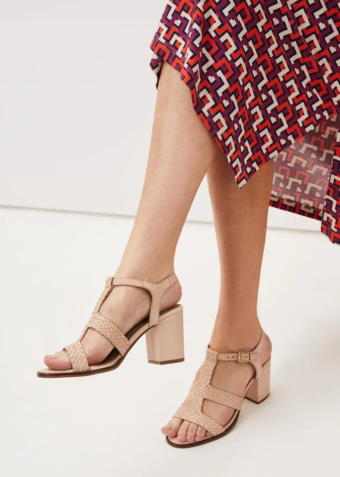 Women Phase Eight Heels Plaited T Bar Heeled Sandal Shoe Tan