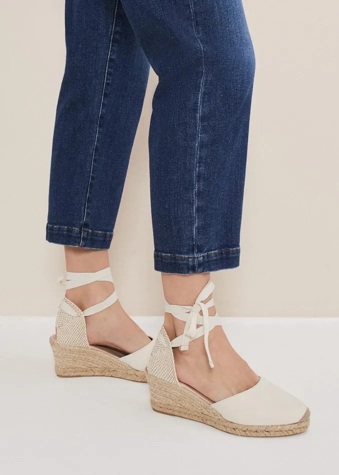 Women Phase Eight Heels Suede Ankle Tie Espadrille Shoe Ivory