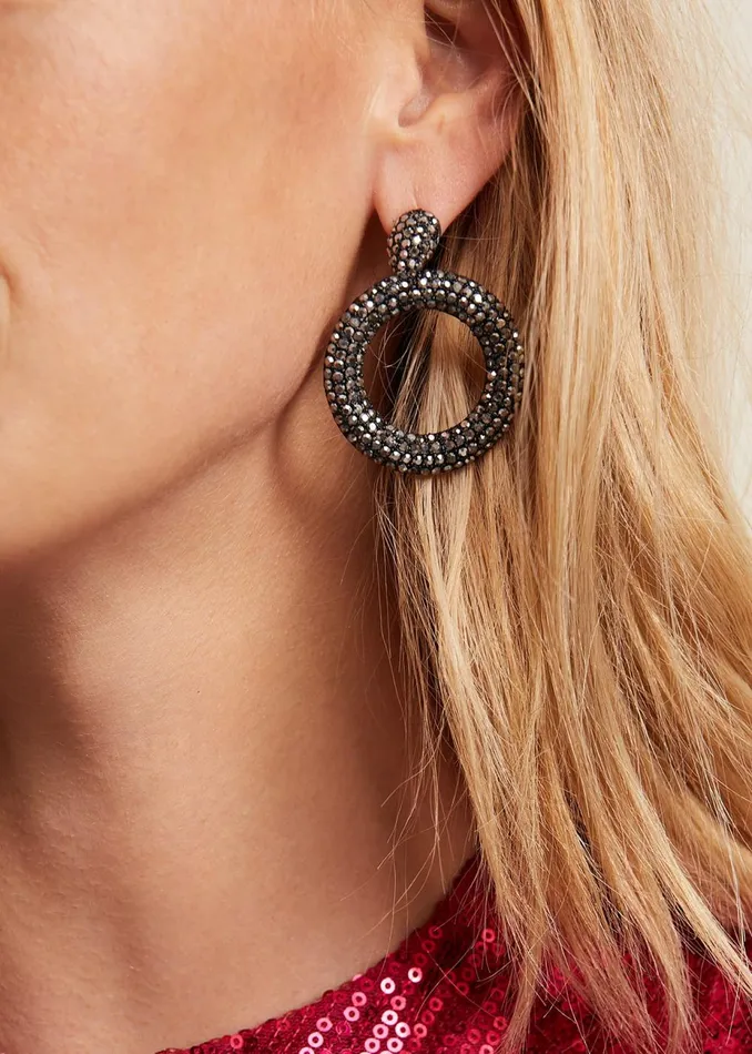 Women Phase Eight Jewellery Black Sparkly Circle Earrings Gunmetal