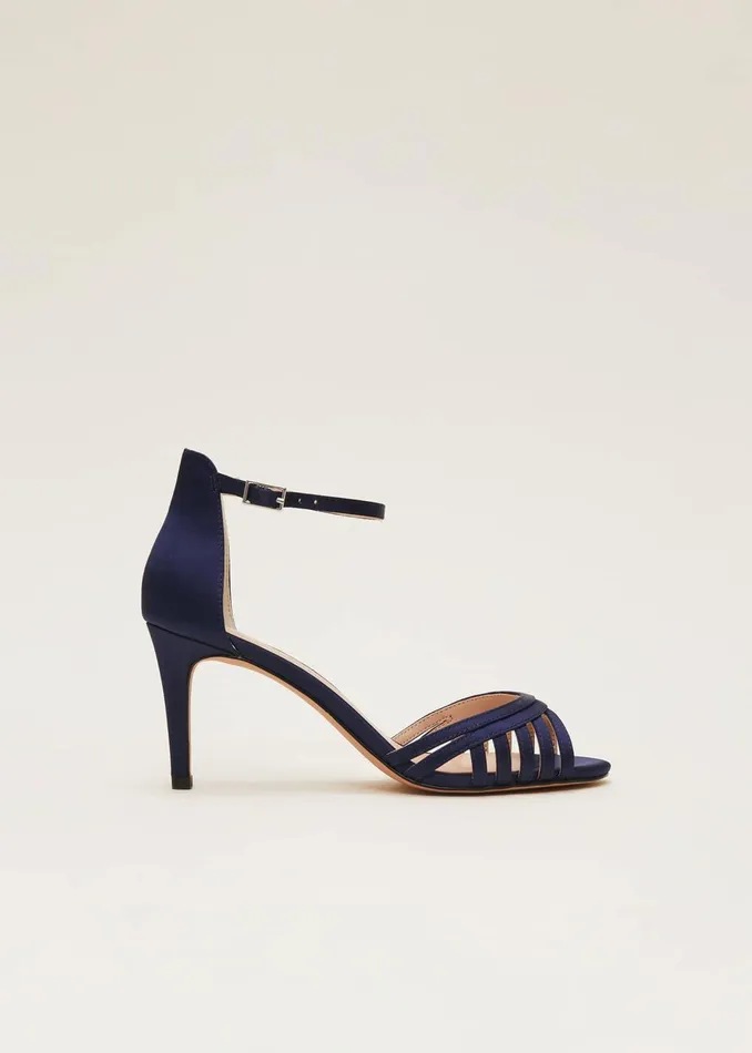 Women Phase Eight Occasion Shoes Satin Strappy Heeled Sandals French Navy
