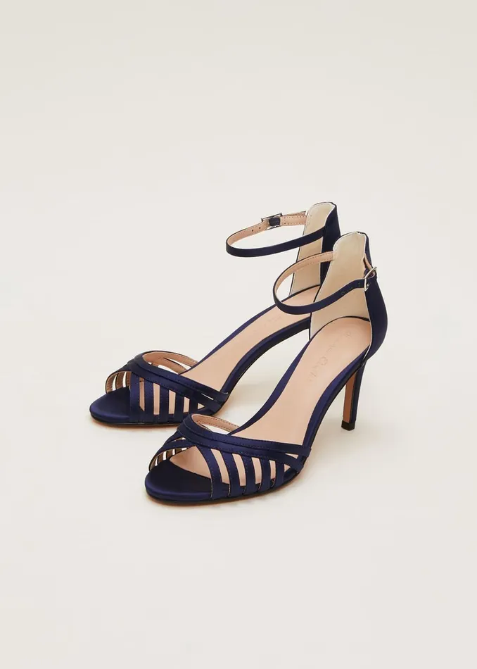 Women Phase Eight Occasion Shoes Satin Strappy Heeled Sandals French Navy