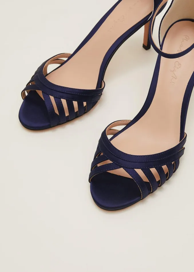 Women Phase Eight Occasion Shoes Satin Strappy Heeled Sandals French Navy