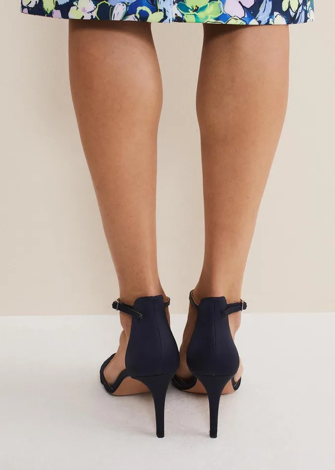 Women Phase Eight Occasion Shoes Satin Strappy Heeled Sandals French Navy