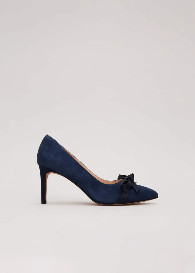 Women Phase Eight Occasion Shoes Suede Bow Front Court Shoe Navy