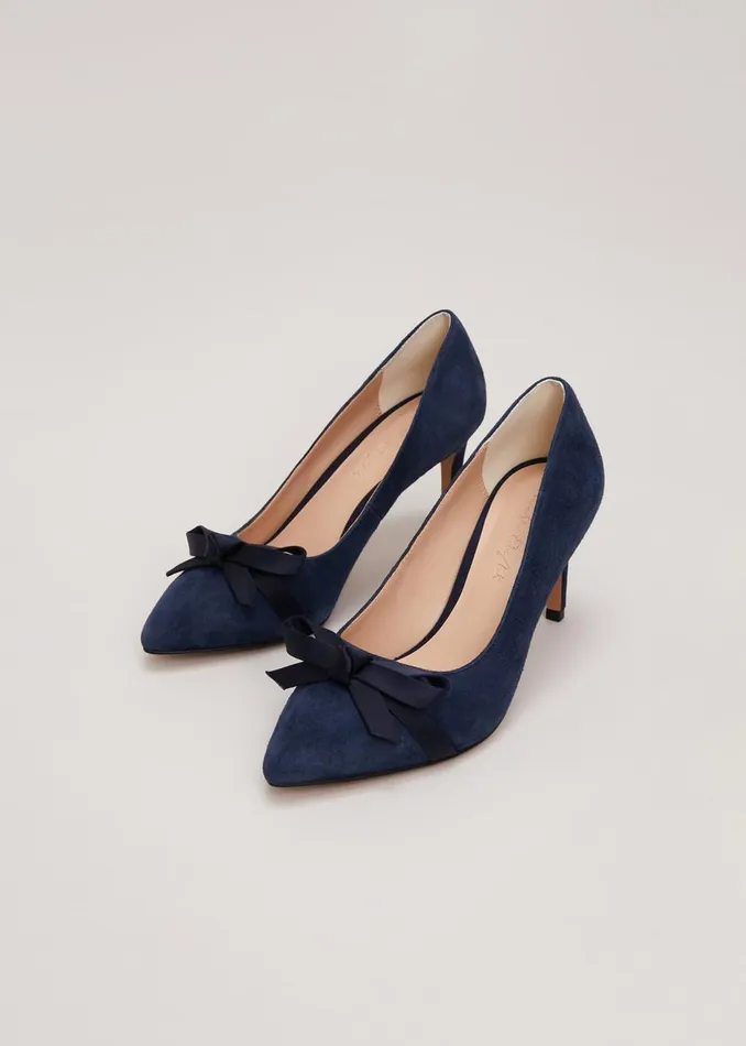 Women Phase Eight Occasion Shoes Suede Bow Front Court Shoe Navy