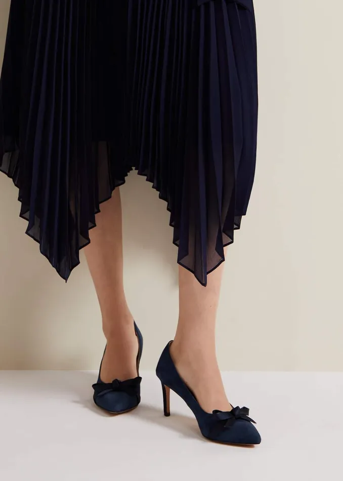 Women Phase Eight Occasion Shoes Suede Bow Front Court Shoe Navy