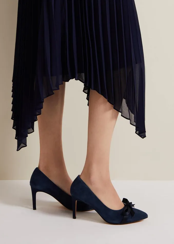 Women Phase Eight Occasion Shoes Suede Bow Front Court Shoe Navy