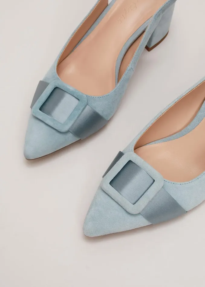 Women Phase Eight Occasion Shoes Suede Buckle Block Heel Shoe Light Green