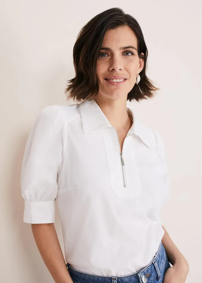 Women Phase Eight Shirts and Blouses Alannah Puff Sleeve Zip Collar Blouse White