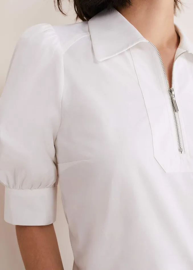 Women Phase Eight Shirts and Blouses Alannah Puff Sleeve Zip Collar Blouse White