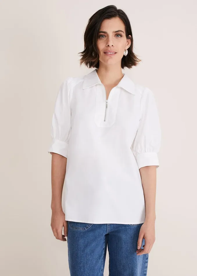 Women Phase Eight Shirts and Blouses Alannah Puff Sleeve Zip Collar Blouse White