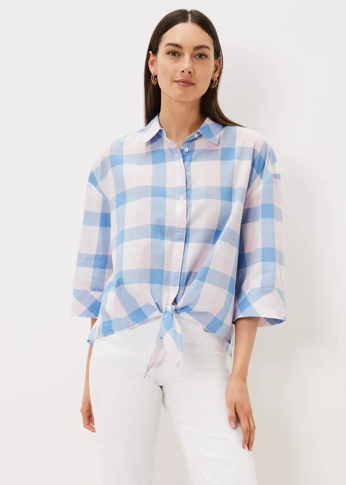 Women Phase Eight Shirts and Blouses Della Gingham Tie Front Blouse Soft Pink Blue