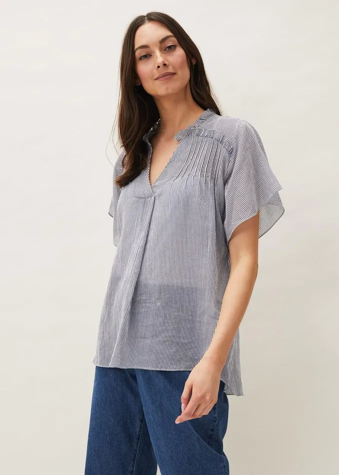 Women Phase Eight Shirts and Blouses Diya Frill Stripe Blouse Whitesoft Blue