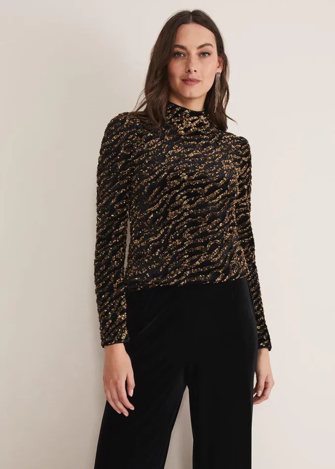 Women Phase Eight Shirts and Blouses Lura Zebra Sequin Blouse Black