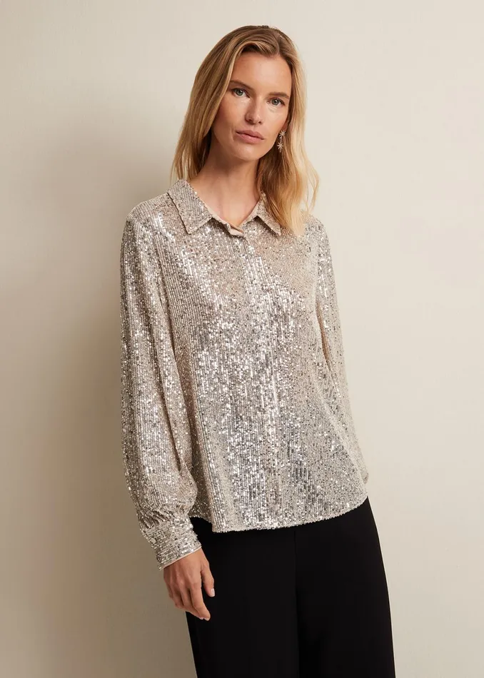 Women Phase Eight Shirts and Blouses Medora Sequin Shirt Oyster