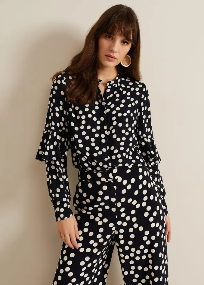 Women Phase Eight Shirts and Blouses Peyton Polka Dot Frill Blouse Navy