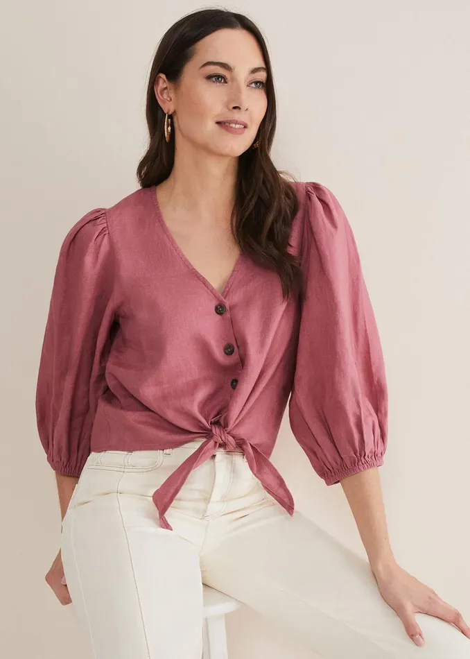 Women Phase Eight Shirts and Blouses Raven Linen Tie Front Blouse Rose