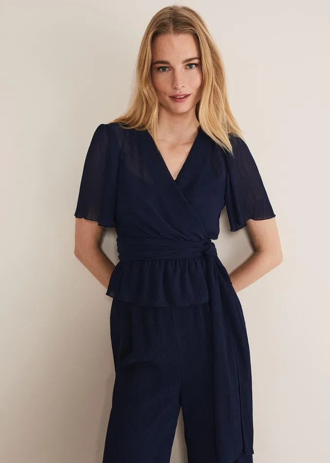 Women Phase Eight Tops and TShirts Aster Plisse Wrap Top CoOrd French Navy
