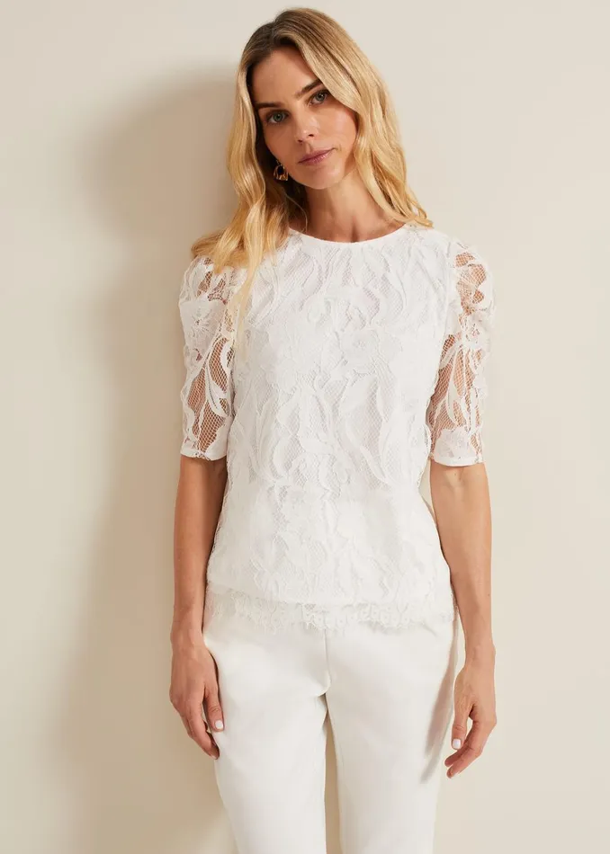Women Phase Eight Tops and TShirts Kaycee Scallop Lace Top Ivory