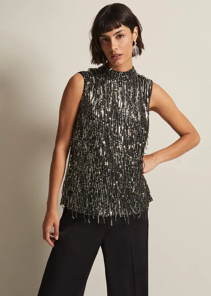 Women Phase Eight Tops and TShirts Kerrie Tassel Sequin Top Black