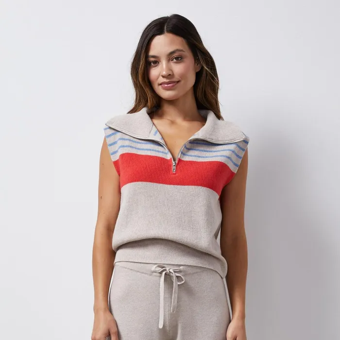 Women Sale MONROW Wool Cashmere Stripe Half Zip Vest Oatmeal Light Blue