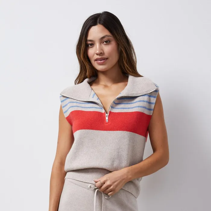 Women Sale MONROW Wool Cashmere Stripe Half Zip Vest Oatmeal Light Blue