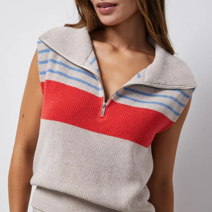 Women Sale MONROW Wool Cashmere Stripe Half Zip Vest Oatmeal Light Blue
