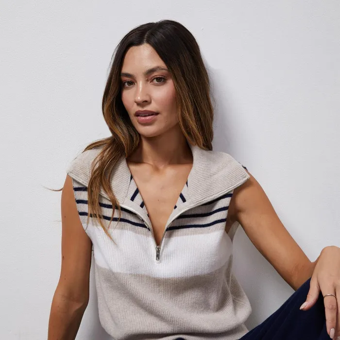 Women Sale MONROW Wool Cashmere Stripe Half Zip Vest Oatmealnavy