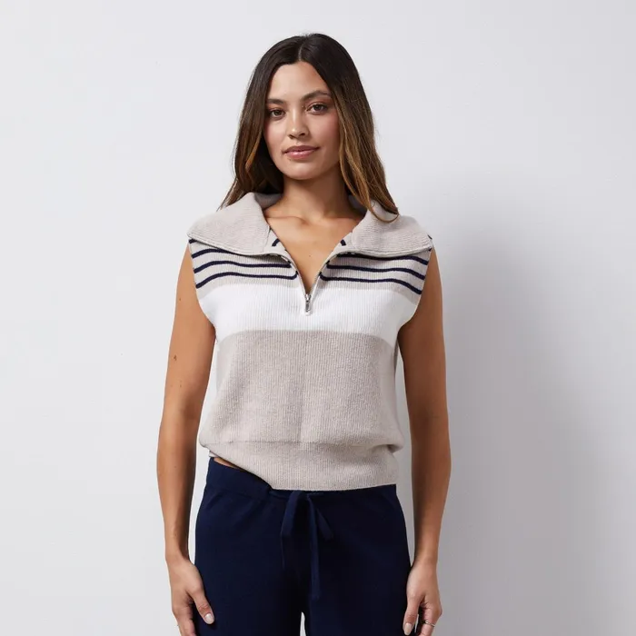 Women Sale MONROW Wool Cashmere Stripe Half Zip Vest Oatmealnavy