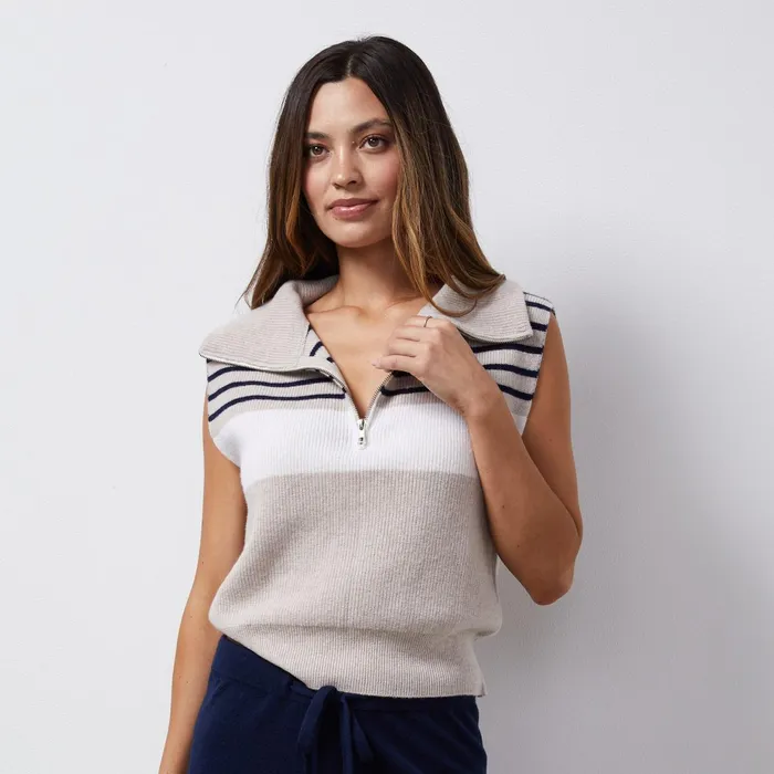 Women Sale MONROW Wool Cashmere Stripe Half Zip Vest Oatmealnavy