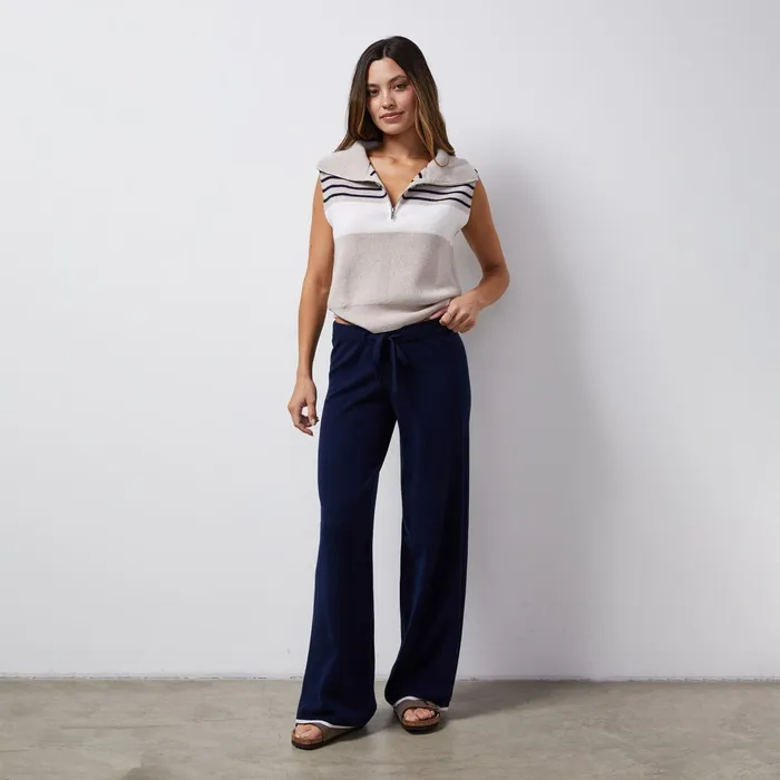 Women Sale MONROW Wool Cashmere Stripe Half Zip Vest Oatmealnavy