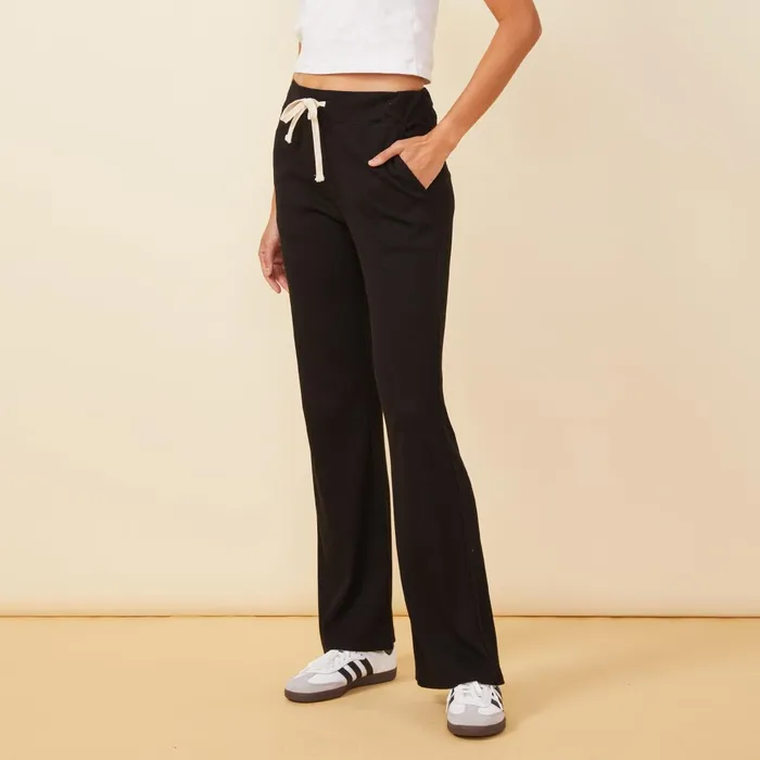 Women Sweats MONROW Rib Straight Leg Pant Black