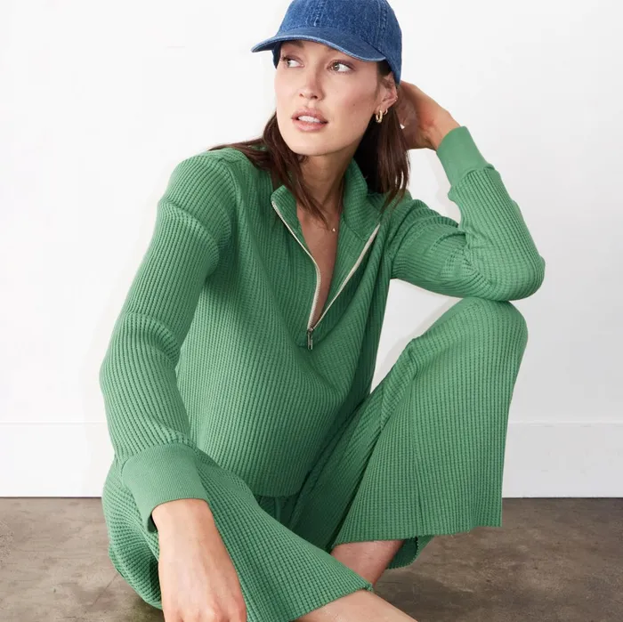 Women Sweatshirts MONROW Waffle Half Zip Sweatshirt Green Apple