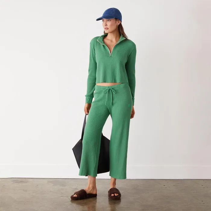 Women Sweatshirts MONROW Waffle Half Zip Sweatshirt Green Apple