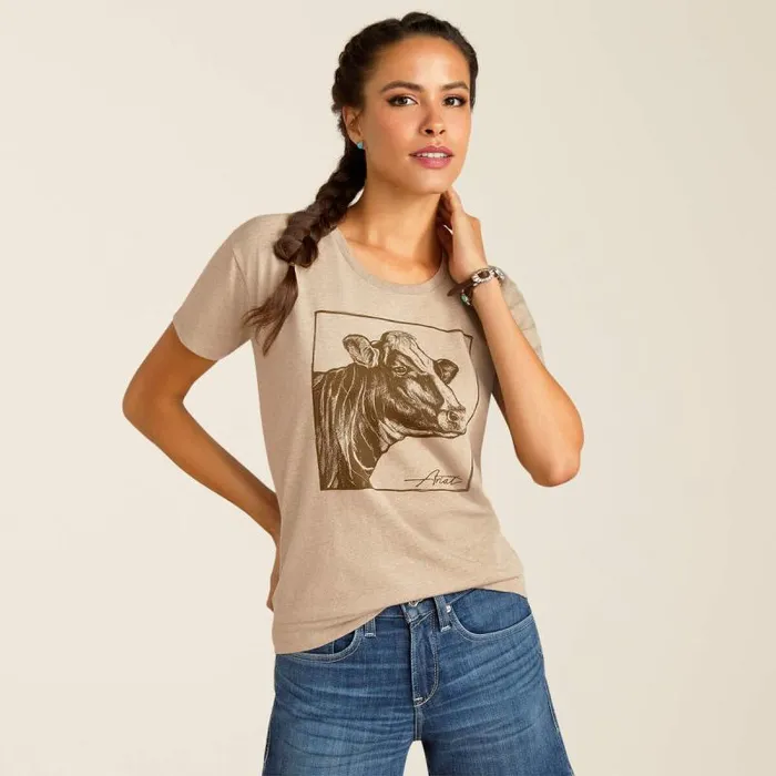 Women TShirts and Tops Ariat Ariat Cow Cover TShirt Oatmeal Heather