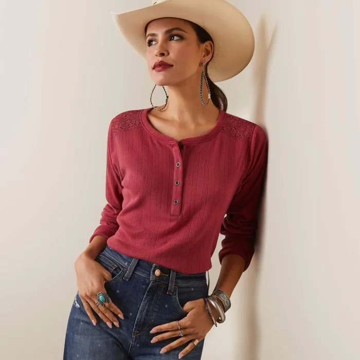 Women TShirts and Tops Ariat Pointelle Henley Top Earth Red
