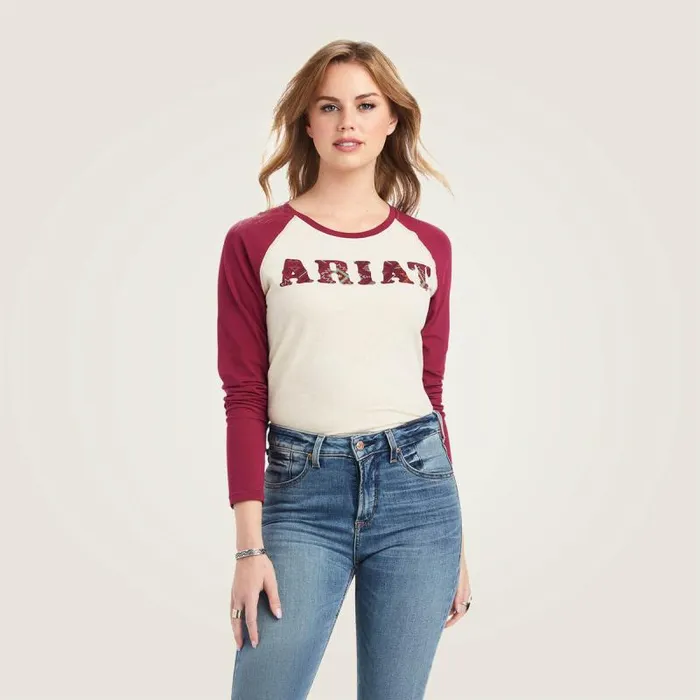 Women TShirts and Tops Ariat REAL Ariat Baseball Shirt Oatmeal Heatherbeet Red