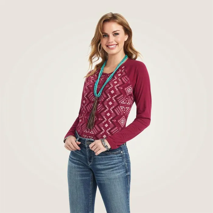 Women TShirts and Tops Ariat REAL Printed Henley Shirt Maze Multibeet Red