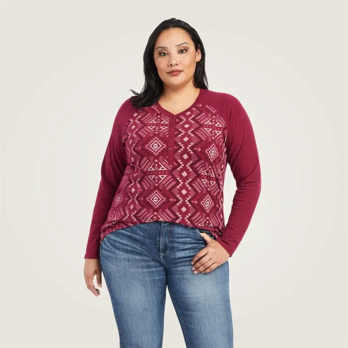 Women TShirts and Tops Ariat REAL Printed Henley Shirt Maze Multibeet Red