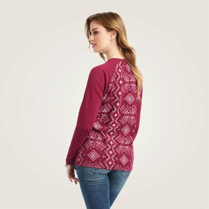 Women TShirts and Tops Ariat REAL Printed Henley Shirt Maze Multibeet Red