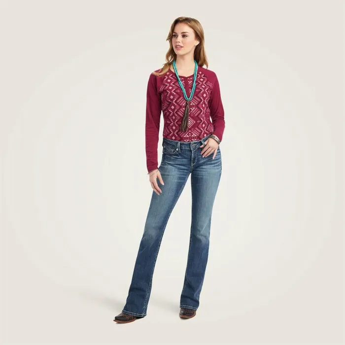 Women TShirts and Tops Ariat REAL Printed Henley Shirt Maze Multibeet Red