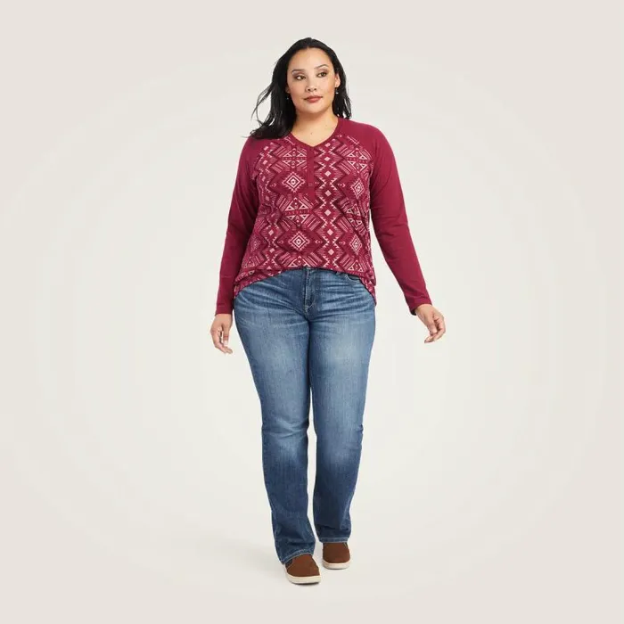 Women TShirts and Tops Ariat REAL Printed Henley Shirt Maze Multibeet Red