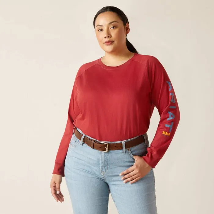 Women TShirts and Tops Ariat Rebar Cotton Strong Logo Graphic Red Dahlia Bijou Blue