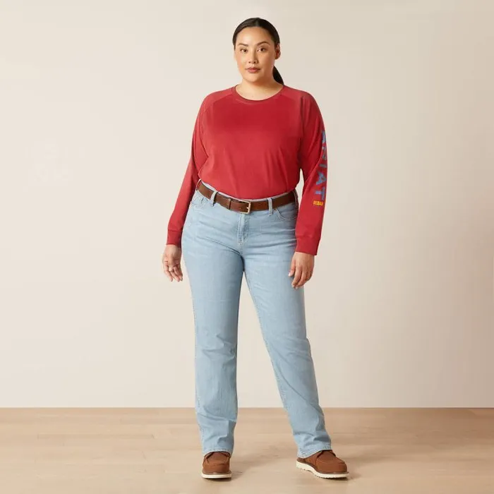 Women TShirts and Tops Ariat Rebar Cotton Strong Logo Graphic Red Dahlia Bijou Blue