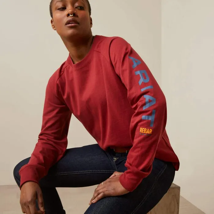 Women TShirts and Tops Ariat Rebar Cotton Strong Logo Graphic Red Dahlia Bijou Blue