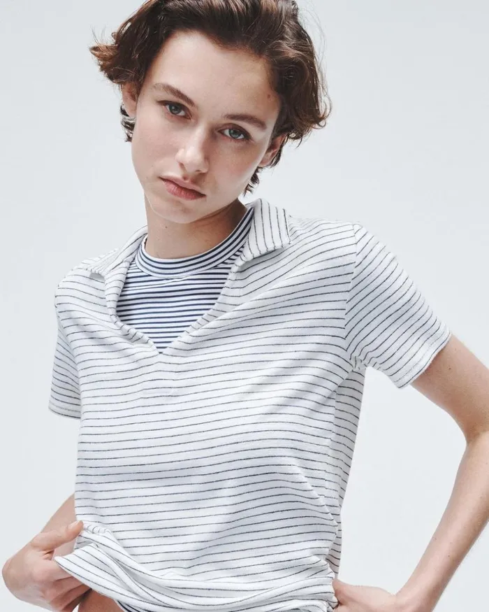 Women TShirts Rag 038 Bone The Knit Striped Polo Ivory Stripe