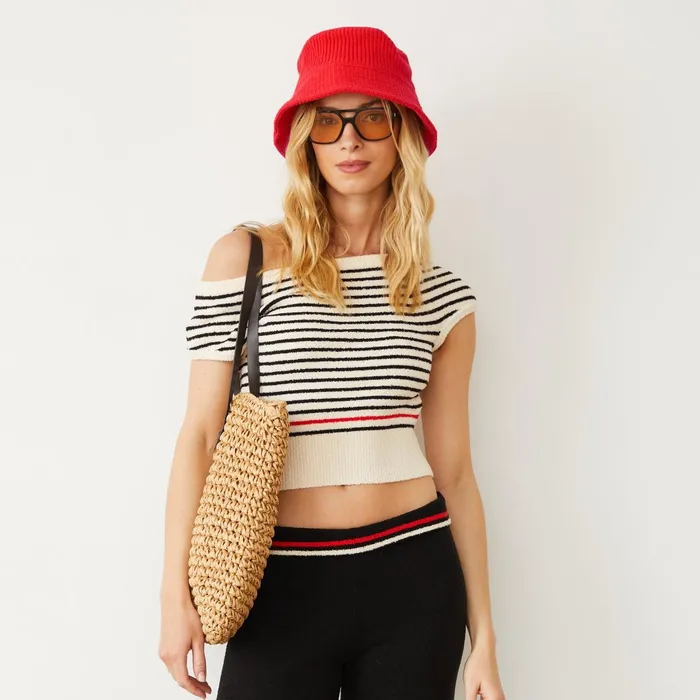Women Tees MONROW Boucle Knit Off Shoulder Top Cream Black