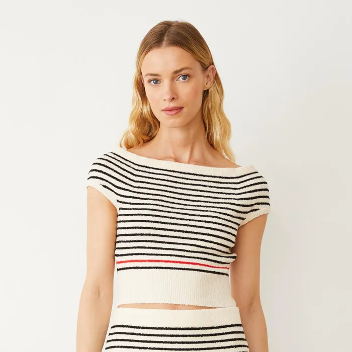 Women Tees MONROW Boucle Knit Off Shoulder Top Cream Black